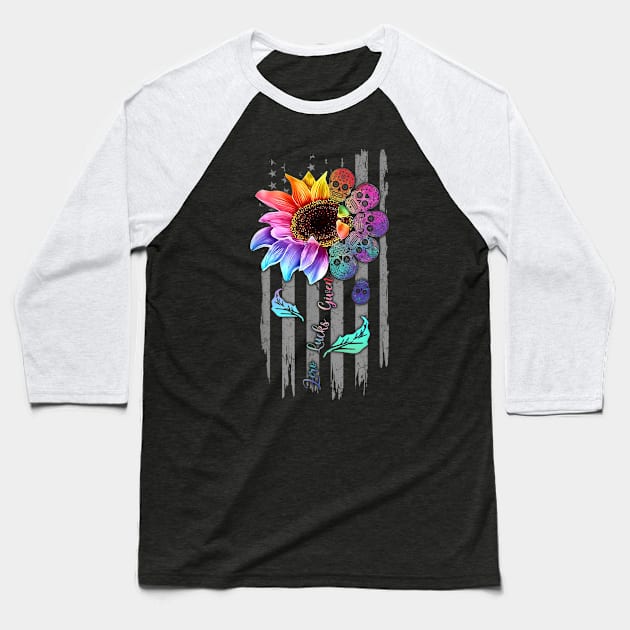 Zero Lucks Given Sugar Skull Sunflower & American Flag Baseball T-Shirt by RKP'sTees